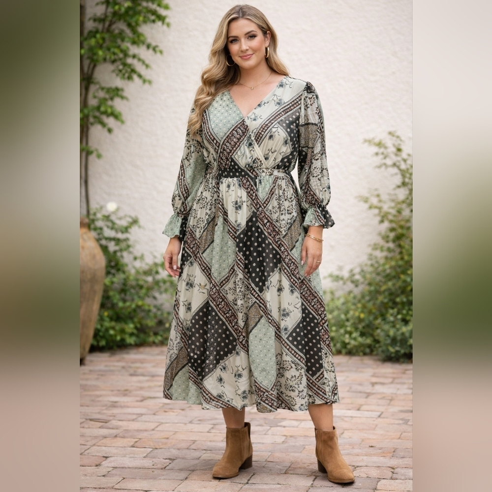 EST. 1946 L Boho Patchwork Midi Dress | Long Sleeve V-Neck Flowy Dress
